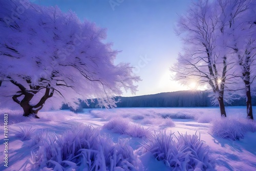 A Vivid Portrait of a Snowy Wonderland Background Enhanced by Icy Accents, Showcasing a Mesmerizing Spectrum of Purple and Blue Hues, Immortalizing the Spellbinding Essence of the Season in Exquisite  © Malik