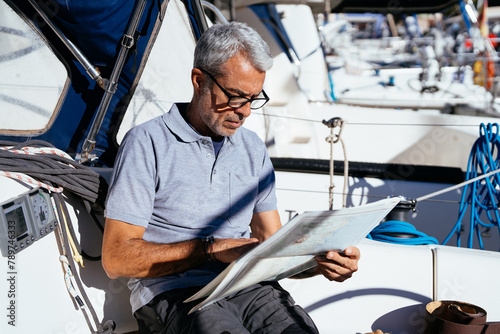 Concentrated senior man on yacht reading map photo