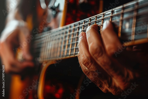 Person, hands and guitar playing for music career or creative performance, concert or rhythm. Fingers, instrument and acoustic production for audio composer or band artist for sound, show or solo