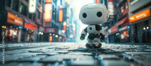 Tiny White Robotic Child Wandering Amidst the Towering Cityscape at Night photo