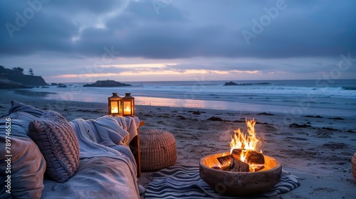 A cozy beachfront bonfire complete with comfortable seating and a blanket to keep you warm as you listen to the waves crash. 2d flat cartoon.