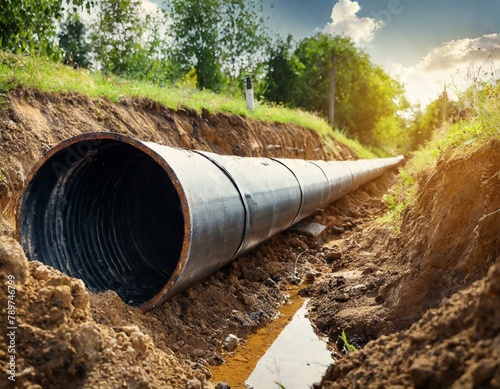 Metal pipe in trench, pipeline construction in ground, old underground water line and dirt. Concept of technology, oil, gas, work, dig photo