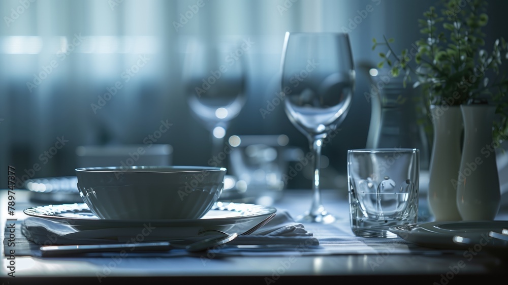 Elegant dinner setting with modern tableware in dim lighting