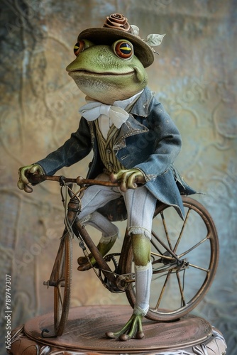 Lifelike frog in vintage attire riding an oldfashioned pennyfarthing, sepiatoned setting