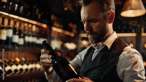 Sommelier evaluating bottle of wine in cellar photo