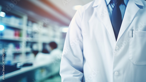 Pharmacist in white medical lab coat on blurred background. Medicine on shelves in Pharmacy. Pharmacy interior design. Drags, healthcare product in a pharmacy store