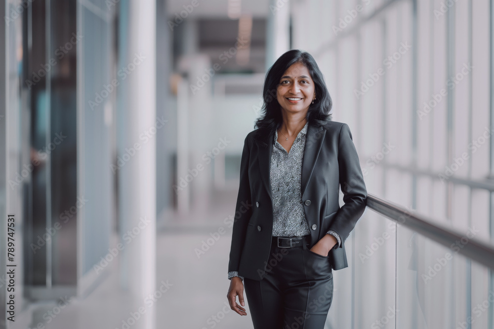 Confident, smiling South Asian businesswoman in a suit poses for a portrait in a modern office