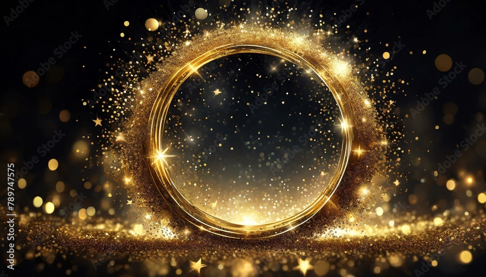 Gold glitter circle of light shine sparkles and golden spark particles in circle frame on black background. Christmas magic stars glow, firework confetti of glittery ring shimmer Gold glitter circle of light shine sparkles and golden spark particles in circle frame on black background. Christmas magic stars glow, firework confetti of glittery ring shimmer