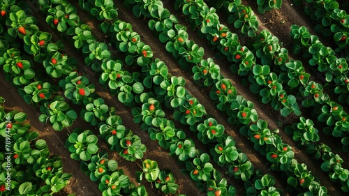 Aerial view of strawberry plants in neat rows on farm photo