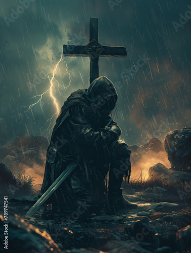 A christian warrior, crusader knight is kneeling in the rain with a sword and a cross behind him. Scene is dark and ominous photo