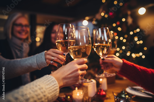Hands toasting glasses of champagne in a cozy, warm ambient lighting, featuring an out-of-focus figure in the background. People cheers, making toasts at party celebration with friends