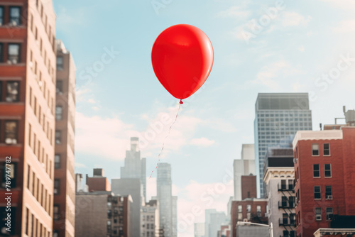 Single lone red balloon floats in the summer sky in the downtown urban city