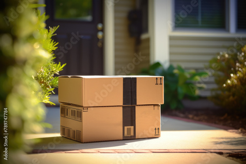 Online shopping package delivery on the front doorstep of a residential home