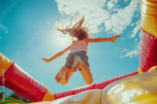 Happy children play and laugh on a bouncy castle in the summer