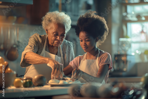 African American grandmother teaches her grandchild a family recipe in the kitchen