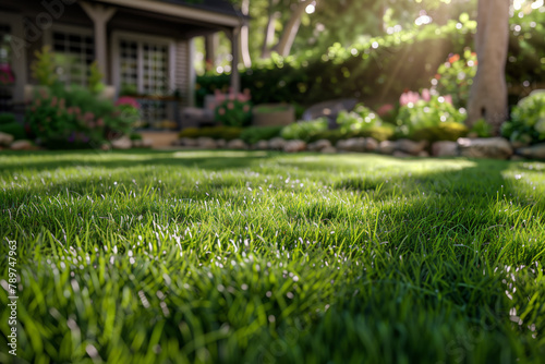 Freshly cut and landscaped healthy green grass lawn in the backyard