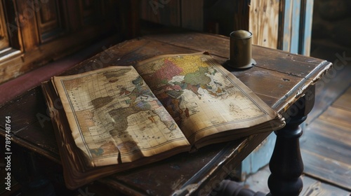 In the corner of the room a wooden side table is adorned with an oldfashioned atlas od to a page showing a detailed map of Europe. The yellowing pages and frayed edges add to its vintage . photo