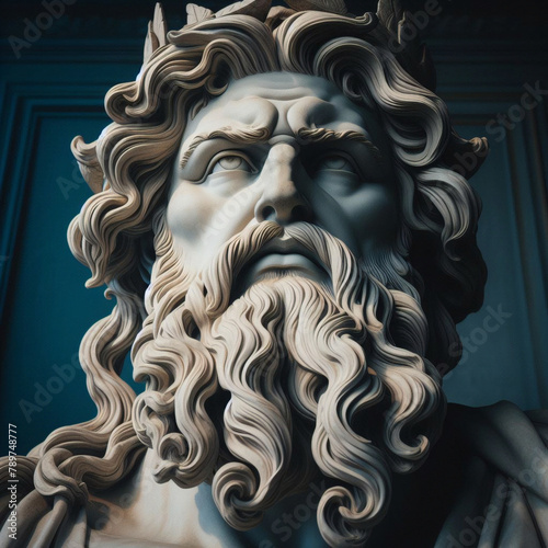 Handsome marble statue of powerful greek god Zeus over dark background, The powerful king of the gods in ancient Greek religion. 