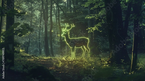 Natural photograph of a dense forest, focal point is a green neon glowing deer outline, green and brown color palette © Boraryn