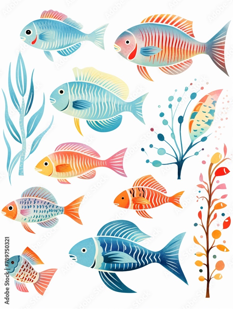 Bold watercolor fish set, cerulean stripes, azure scales, coral segments, whimsical fins ,  high resolution