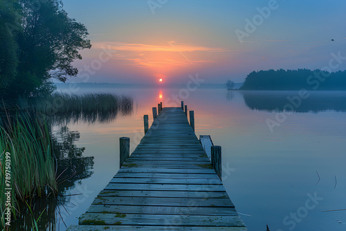 A peaceful sunrise over a calm lake with a jetty, creating a tranquil and serene atmosphere. Suitable for nature themes and relaxation concepts.