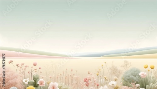 Tranquil stylized illustration of a spring landscape, featuring blooming trees and gentle hills under a serene sky. © chakkaphan