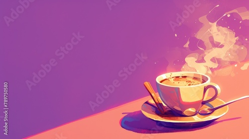 A steaming cup of coffee adorned with a sprinkle of cinnamon rests elegantly against a vibrant purple backdrop