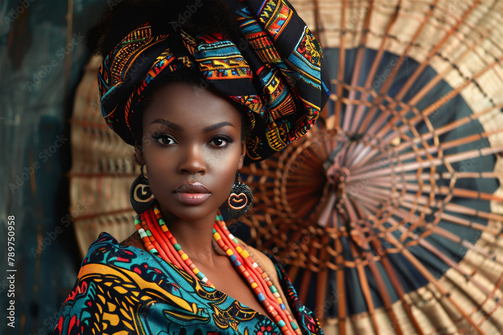 Portrait of an African Woman with Ethnic Jewelry and vibrant traditional head wrap