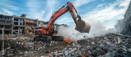 Massive Excavator Scooping Debris from Demolished Building Rubble in Urban Disaster Cleanup photo