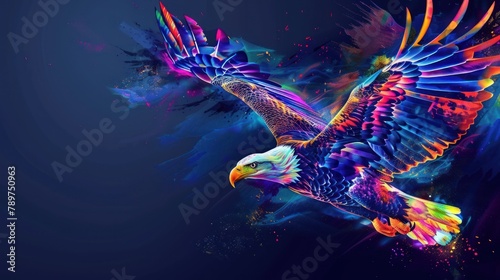 Flying bald eagle. Color, abstract, neon, art portrait of a soaring bald eagle on dark blue background in pop art style.