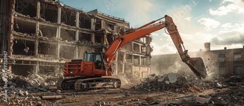 Massive Dragline Excavator Scoops Up Debris from Demolished Building in Urban Landscape