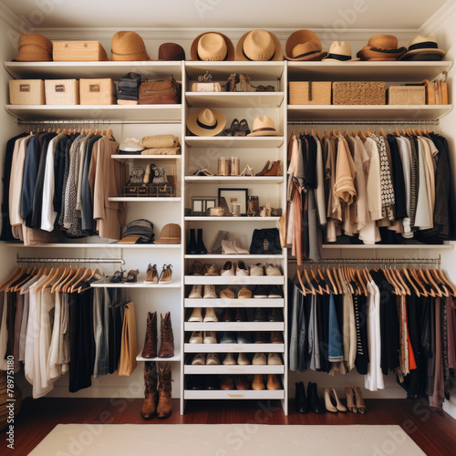 Organized closet with fashion clothes hats and shoes