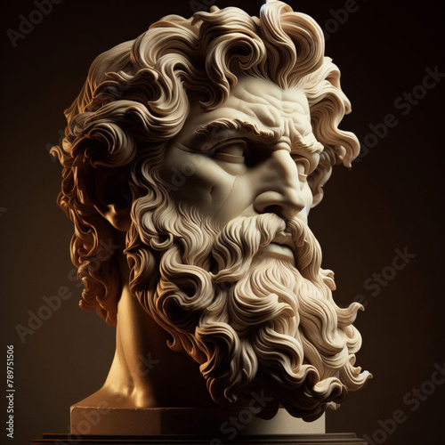 Handsome marble statue of powerful greek god Zeus over dark background, The powerful king of the gods in ancient Greek religion. 
