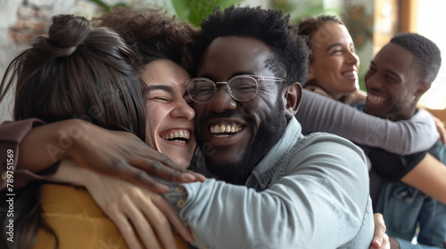 Overjoyed multiethnic friends hugging glad to see greeting each other. Corporate staff diverse members celebrating common success. Friendly relations at work, multiracial friendship, equality concept photo