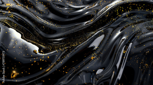 Abstract 3D water with gold shine or liquid glass wallpaper with a dark oil flow background.