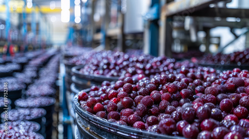 Ready-to-ship berries stored in a cold warehouse. Photo footage for advertising berry products. Jam, syrup, vinegar production in a berry processing facility.