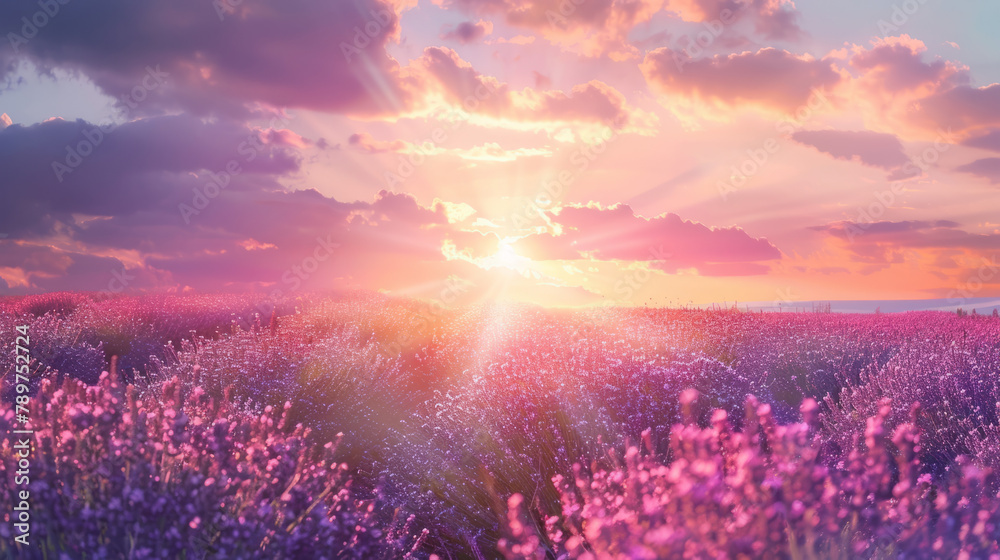 Wide field of lavender in summer sunset, panorama blur background. Autumn or summer lavender background. Shallow depth of field. Wide field of lavender in summer sunset, panorama blur background. Autumn or summer lavender background. Shallow depth of field.