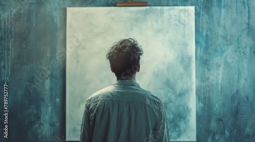 The back of an artists head a lone figure standing in front of a blank canvas pondering their next stroke with an intense stare and furrowed brows capturing the intense focus and dedication .