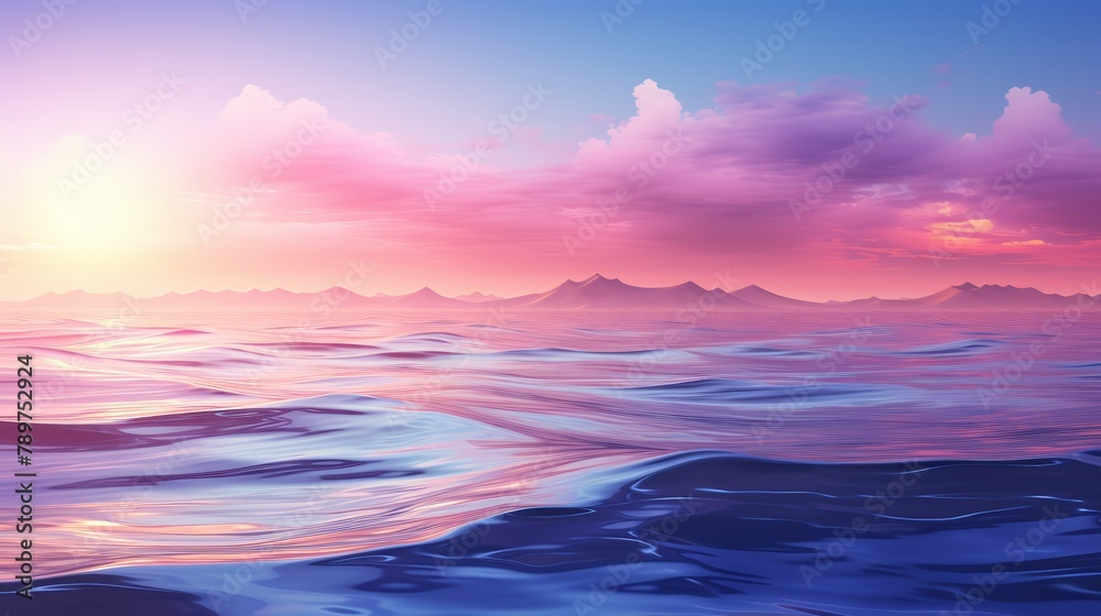 Calm sea waves at dawn, realistic 3D illustration, minimalist style,