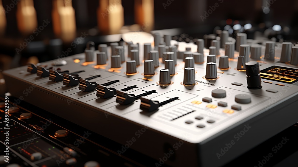 Clean 3D render of an audio mixer and digital sound equipment, minimalist, Clean 3D render of an audio mixer and digital sound equipment, minimalist,