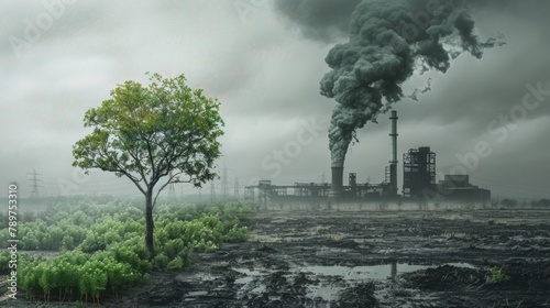 An image of a withered tree in front of a coal power plant compared to a flourishing tree displayed in front of a biofuel refinery representing the effect on local vegetation and biodiversity. . photo