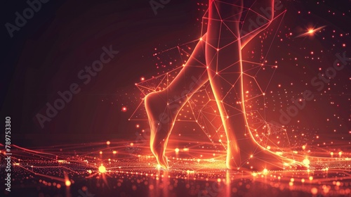 Foot female health fitness flexibility from futuristic polygonal red lines and glowing stars for banner, poster, greeting card. AI generated