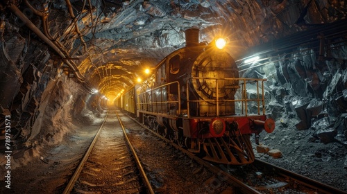 Underground Mining Locomotive Transports Workers Through Dimly Lit Tunnels
