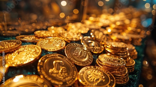 Gold Coins Display in Luxury Jewelry Store Symbolizing Wealth and Prosperity photo