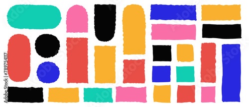 Set of vector cute rounded and square torn paper forms. Hand drawn wobbly line frame shapes. Vibrant sketchy curved rectangles, circles and arches. Information box kids sticker loose edges backgrounds