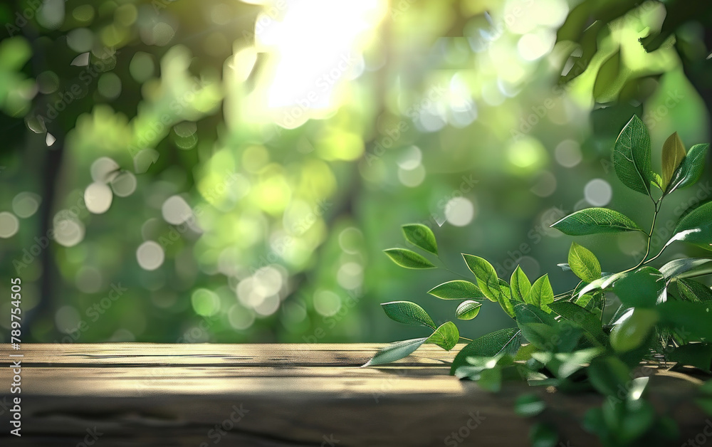 Empty Wooden Tabletop Podium Amidst Garden Forest Empty Wooden Tabletop Podium Amidst Garden Forest