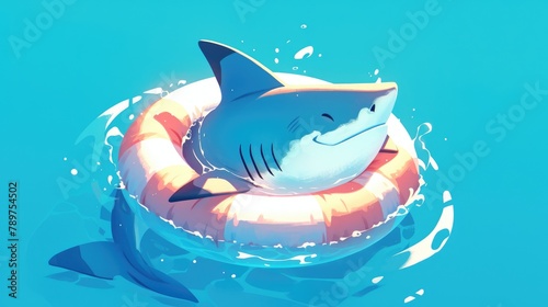Adorable cartoon shark chilling in a trendy inflatable ring