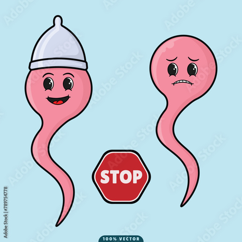 vector premium cute cartoon mascot stop hiv and aids by using condoms on a blue background easy to reuse for additional design needs, logo mascot badge banner