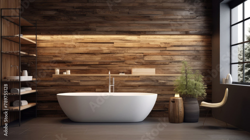 Interior design of modern bathroom with solid natural wood wall . Generative AI