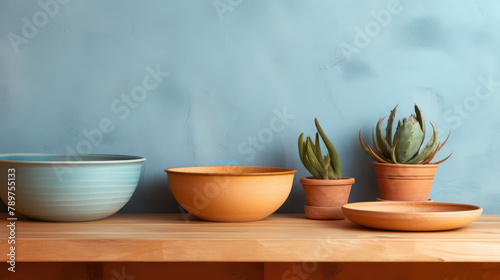 Wallpaper Mural Clay plate and bowls on kitchen countertop and shelf with pottery above it. Close up background of modern interior design of kitchen. Generative AI Torontodigital.ca